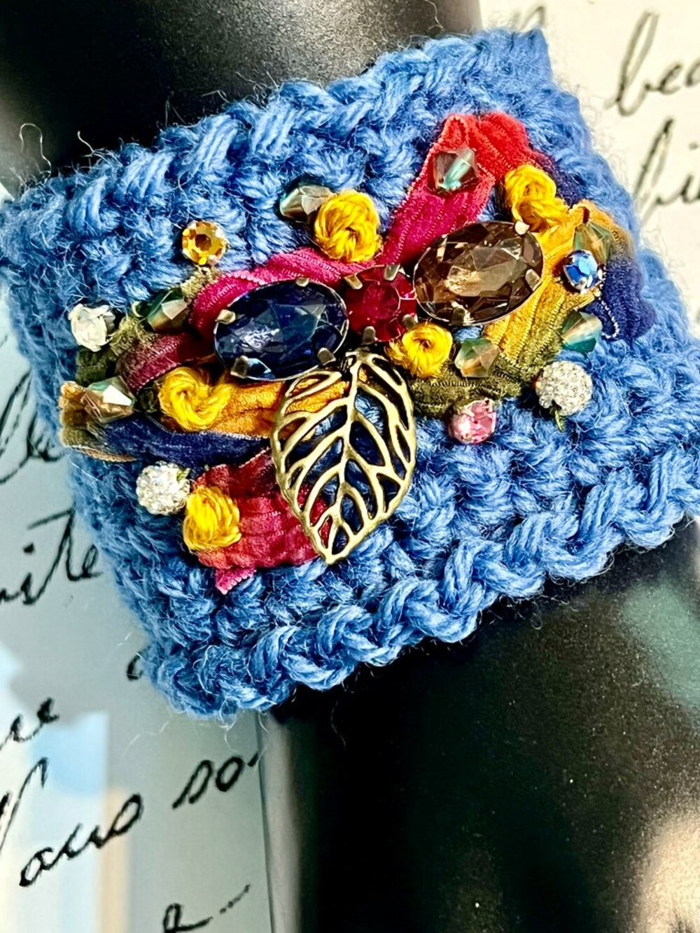 Artsy Boho CUFF/BRACELET~Handmade Denim Blue Wool with Vtg Jewel Center Piece